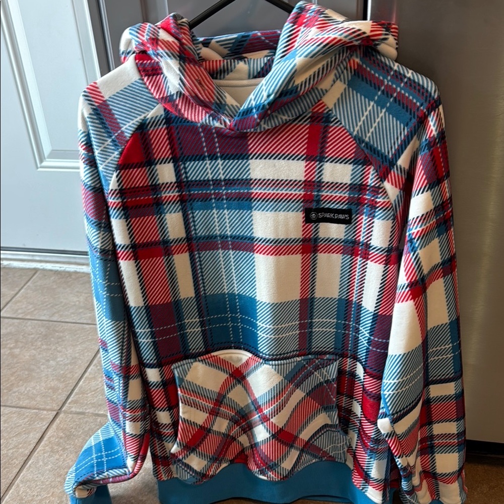 Plaid Hooded Sweatshirt in Red, Blue, and White